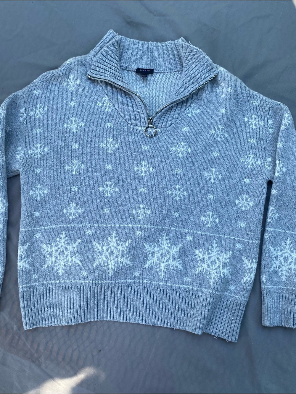 Talbots Light Gray Snowflake Zip-Neck Sweater